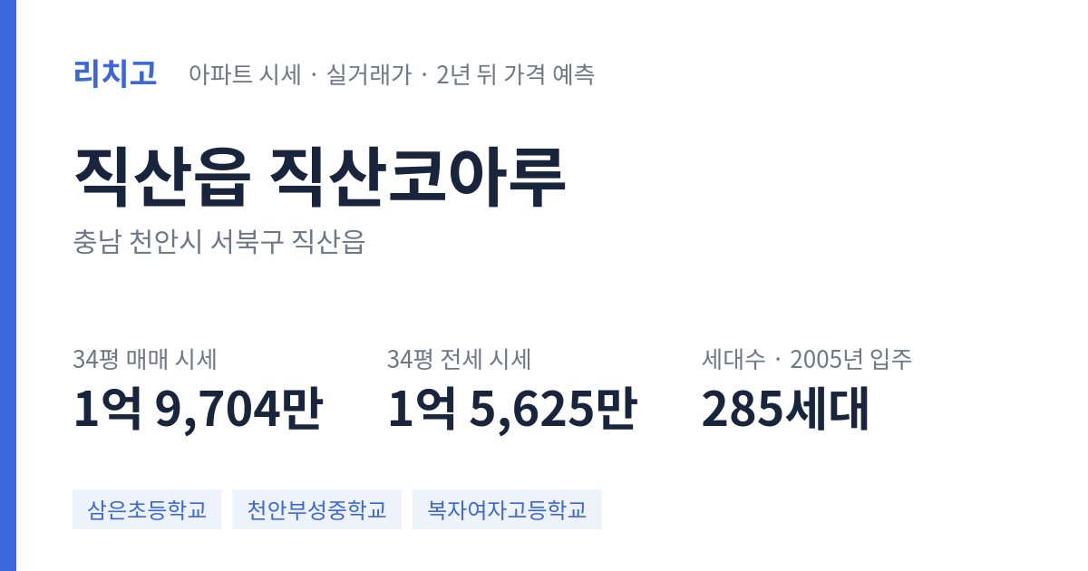 직산코아루 아파트 요약 카드 — 대표 평형 매매·전세 시세, 세대수, 입주 연도