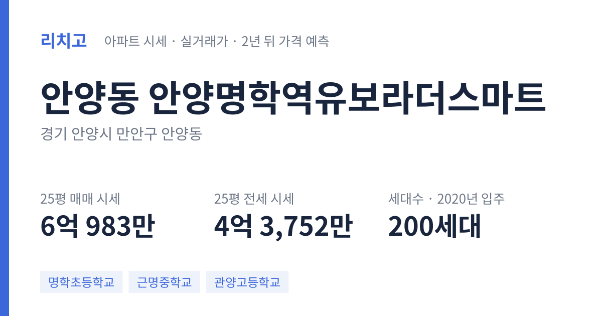 안양명학역유보라더스마트 아파트 요약 카드 — 대표 평형 매매·전세 시세, 세대수, 입주 연도