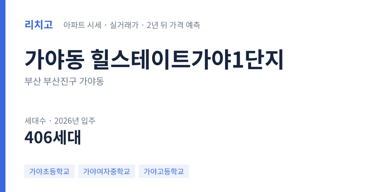 힐스테이트가야1단지 아파트 요약 카드 — 대표 평형 매매·전세 시세, 세대수, 입주 연도