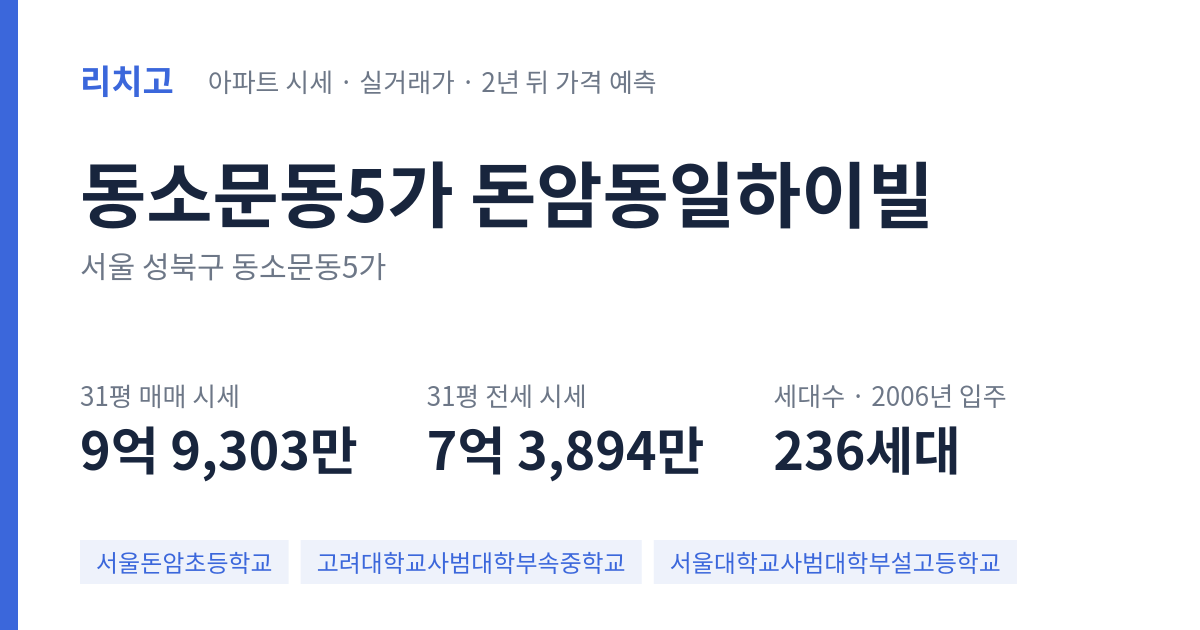 돈암동일하이빌 아파트 요약 카드 — 대표 평형 매매·전세 시세, 세대수, 입주 연도