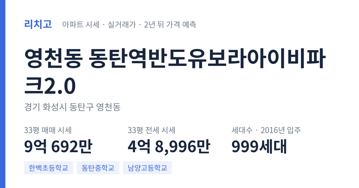 동탄역반도유보라아이비파크2.0 아파트 요약 카드 — 대표 평형 매매·전세 시세, 세대수, 입주 연도
