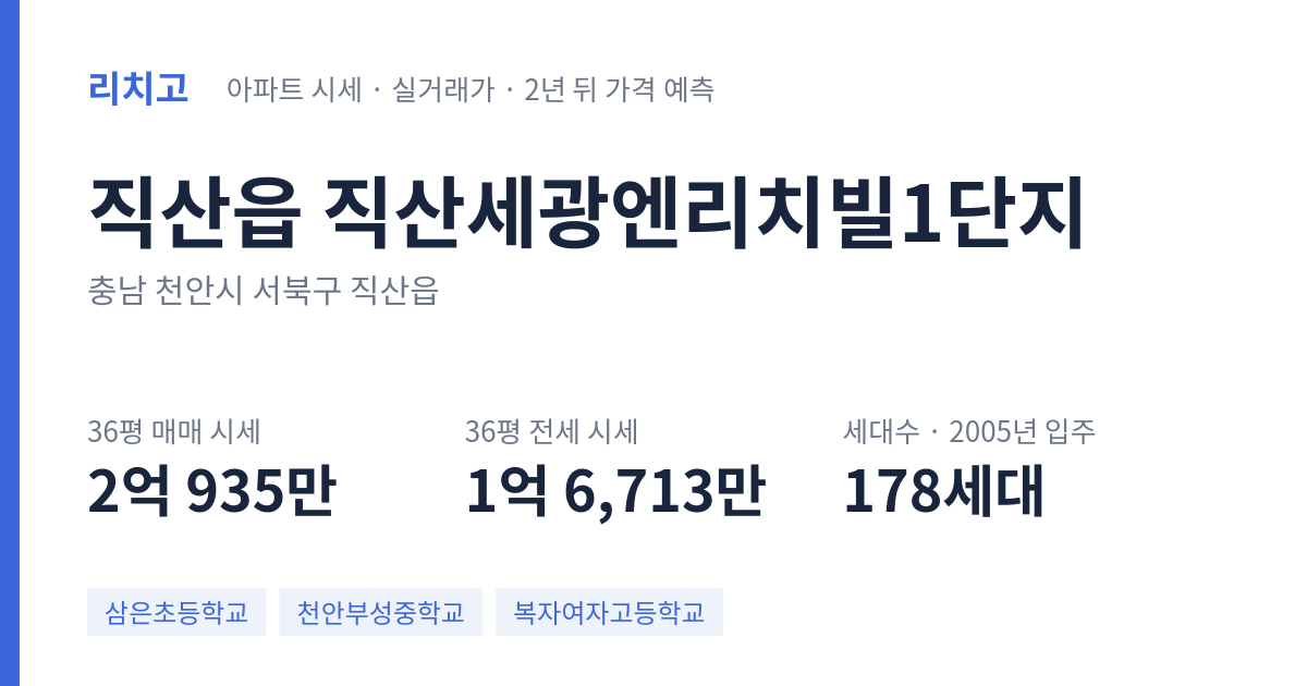 직산세광엔리치빌1단지 아파트 요약 카드 — 대표 평형 매매·전세 시세, 세대수, 입주 연도