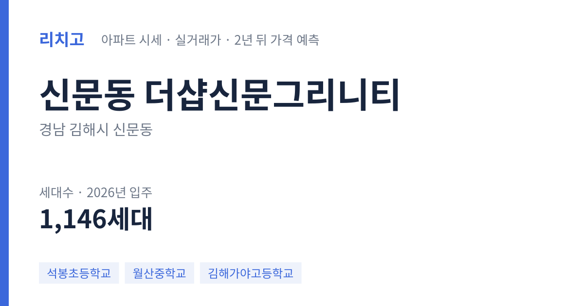 더샵신문그리니티 아파트 요약 카드 — 대표 평형 매매·전세 시세, 세대수, 입주 연도