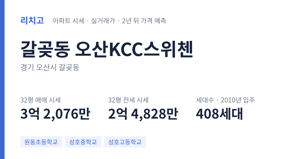 오산KCC스위첸 아파트 요약 카드 — 대표 평형 매매·전세 시세, 세대수, 입주 연도