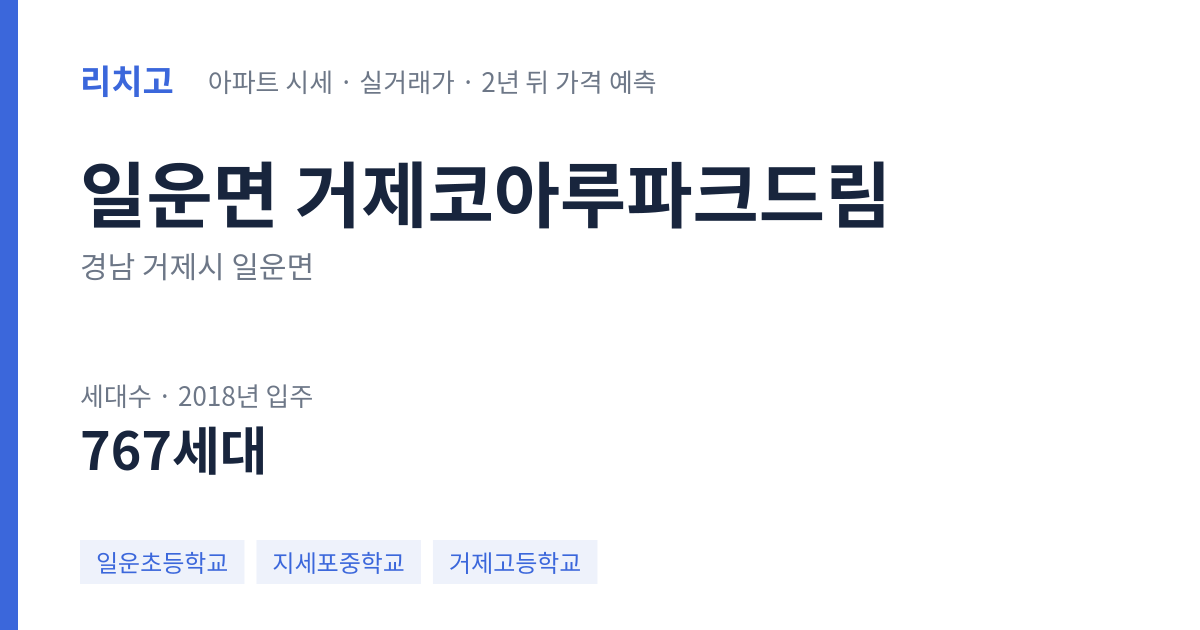 거제코아루파크드림 아파트 요약 카드 — 대표 평형 매매·전세 시세, 세대수, 입주 연도