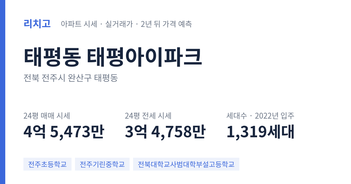 태평아이파크 아파트 요약 카드 — 대표 평형 매매·전세 시세, 세대수, 입주 연도