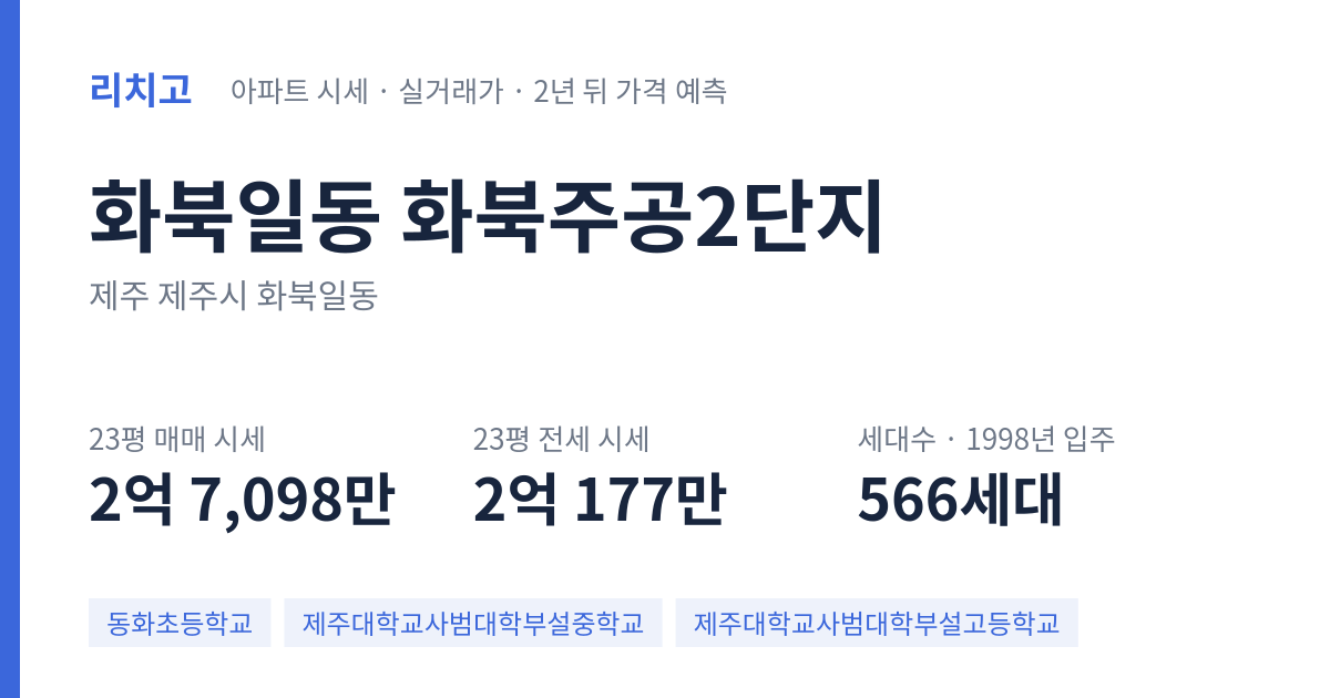 화북주공2단지 아파트 요약 카드 — 대표 평형 매매·전세 시세, 세대수, 입주 연도