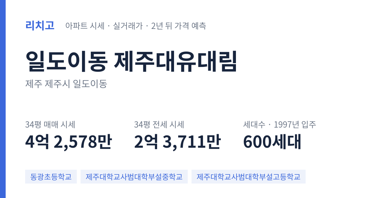 제주대유대림 아파트 요약 카드 — 대표 평형 매매·전세 시세, 세대수, 입주 연도