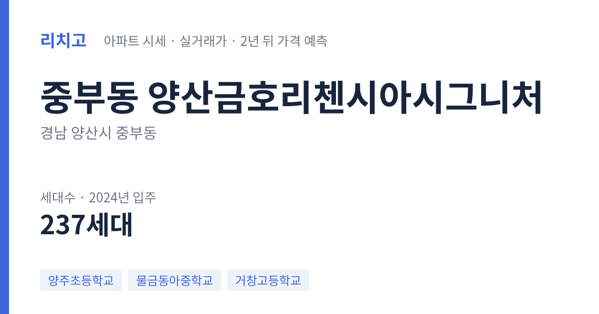양산금호리첸시아시그니처 아파트 요약 카드 — 대표 평형 매매·전세 시세, 세대수, 입주 연도