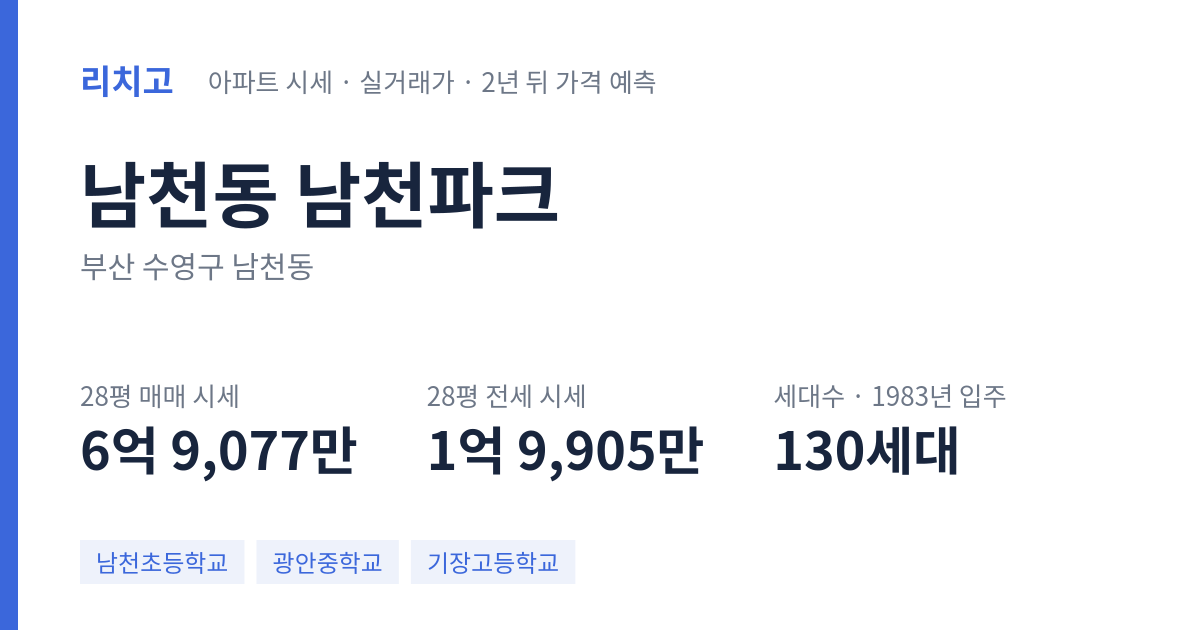 남천파크 아파트 요약 카드 — 대표 평형 매매·전세 시세, 세대수, 입주 연도