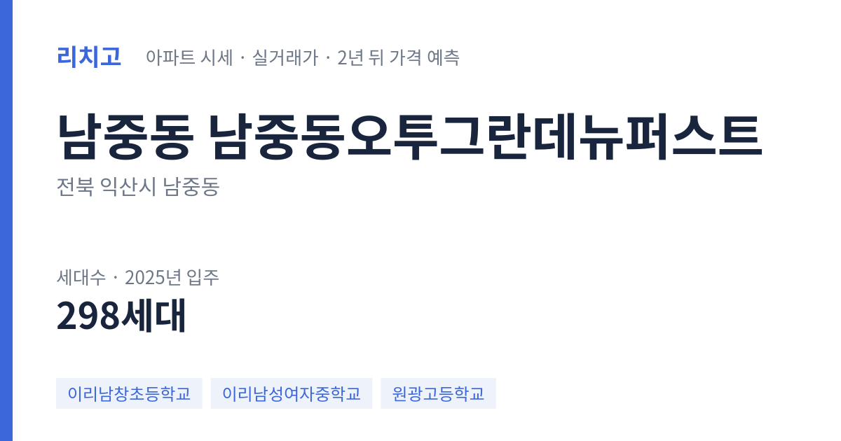 남중동오투그란데뉴퍼스트 아파트 요약 카드 — 대표 평형 매매·전세 시세, 세대수, 입주 연도