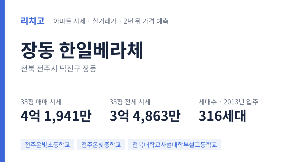 한일베라체 아파트 요약 카드 — 대표 평형 매매·전세 시세, 세대수, 입주 연도