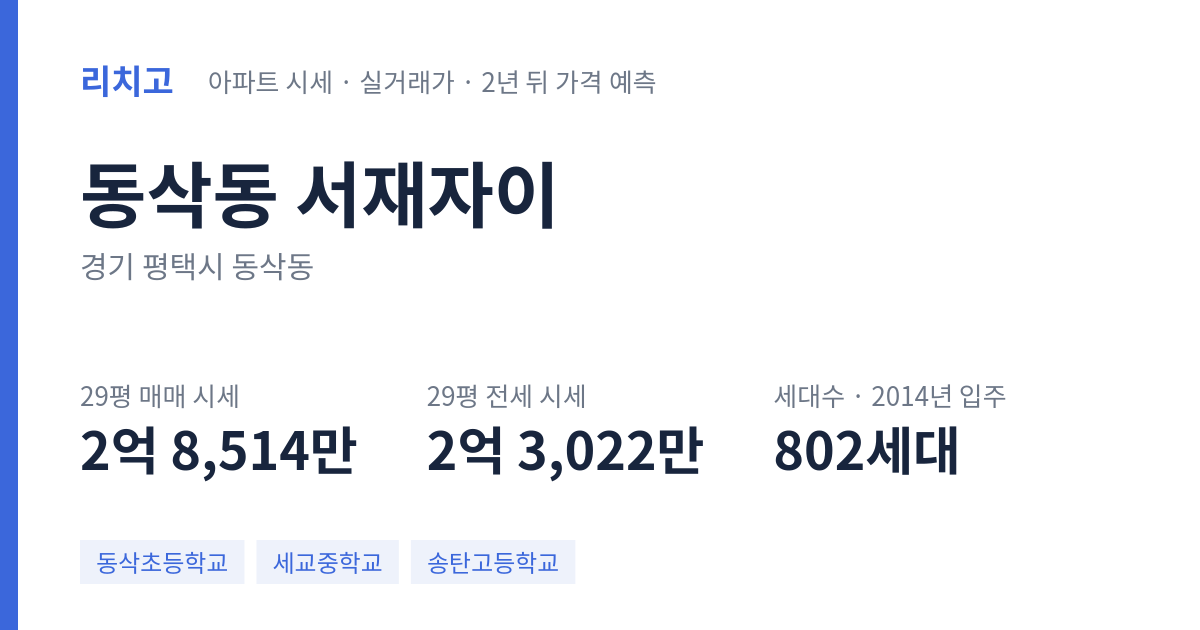 서재자이 아파트 요약 카드 — 대표 평형 매매·전세 시세, 세대수, 입주 연도