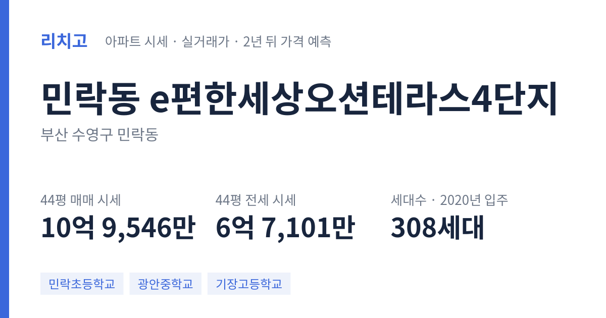 e편한세상오션테라스4단지 아파트 요약 카드 — 대표 평형 매매·전세 시세, 세대수, 입주 연도