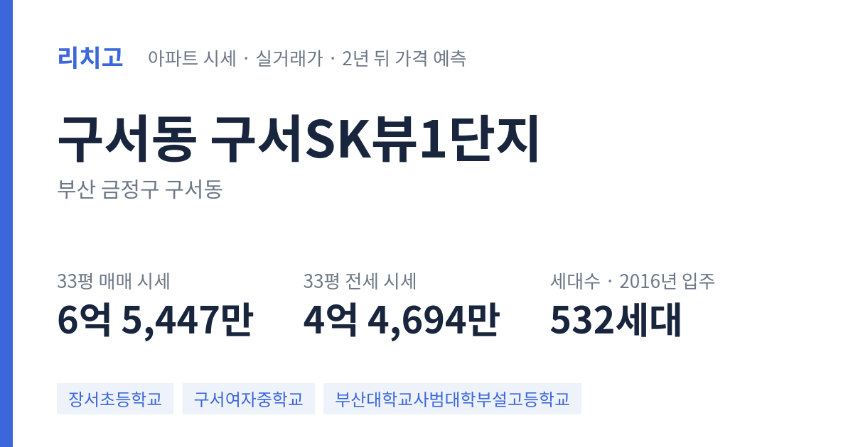 구서SK뷰1단지 아파트 요약 카드 — 대표 평형 매매·전세 시세, 세대수, 입주 연도