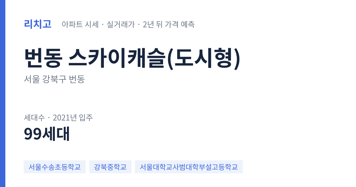 스카이캐슬(도시형) 아파트 요약 카드 — 대표 평형 매매·전세 시세, 세대수, 입주 연도