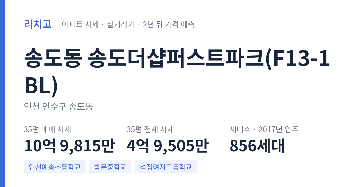 송도더샵퍼스트파크(F13-1BL) 아파트 요약 카드 — 대표 평형 매매·전세 시세, 세대수, 입주 연도
