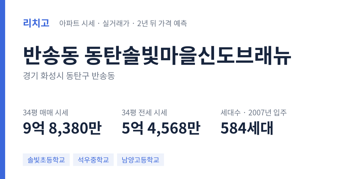 동탄솔빛마을신도브래뉴 아파트 요약 카드 — 대표 평형 매매·전세 시세, 세대수, 입주 연도
