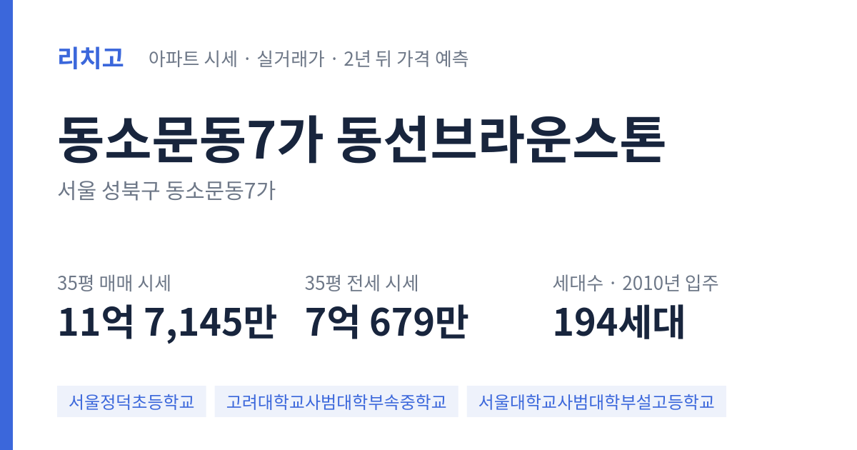 동선브라운스톤 아파트 요약 카드 — 대표 평형 매매·전세 시세, 세대수, 입주 연도