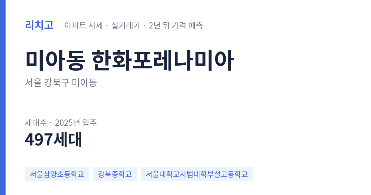 한화포레나미아 아파트 요약 카드 — 대표 평형 매매·전세 시세, 세대수, 입주 연도