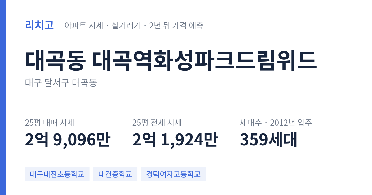 대곡역화성파크드림위드 아파트 요약 카드 — 대표 평형 매매·전세 시세, 세대수, 입주 연도