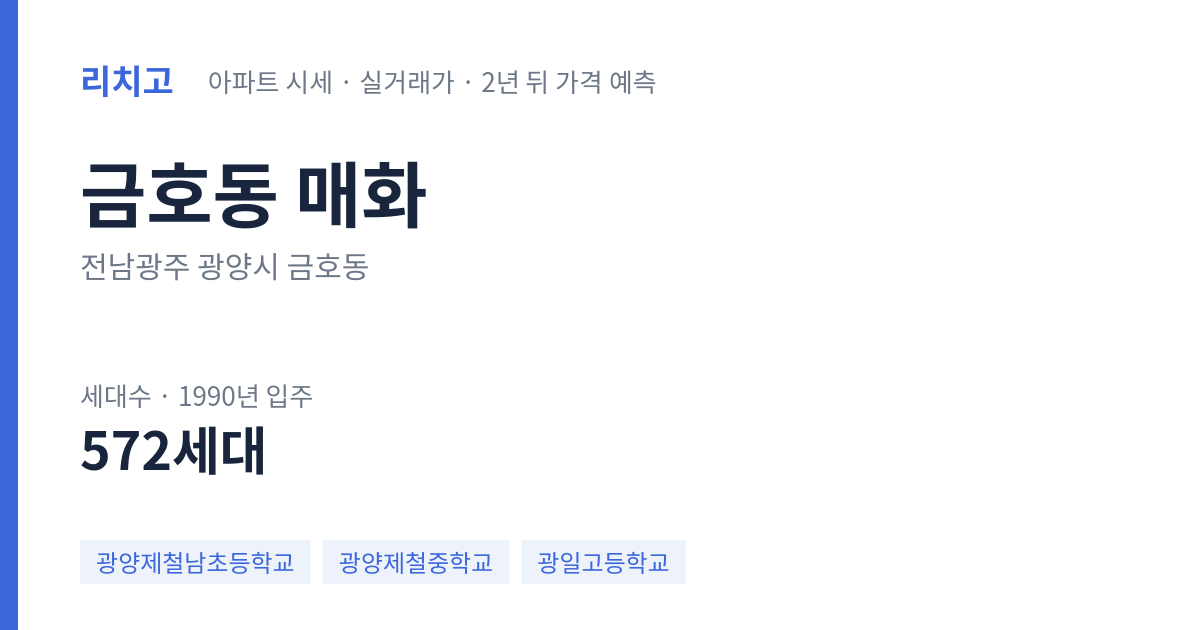 매화 아파트 요약 카드 — 대표 평형 매매·전세 시세, 세대수, 입주 연도