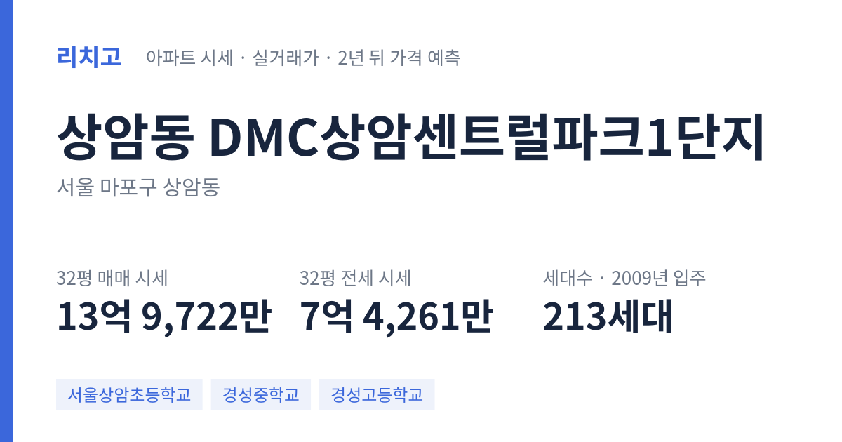 DMC상암센트럴파크1단지 아파트 요약 카드 — 대표 평형 매매·전세 시세, 세대수, 입주 연도