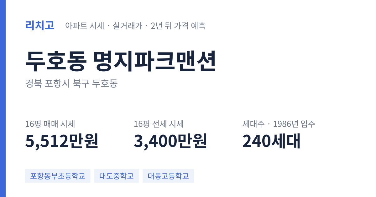 명지파크맨션 아파트 요약 카드 — 대표 평형 매매·전세 시세, 세대수, 입주 연도