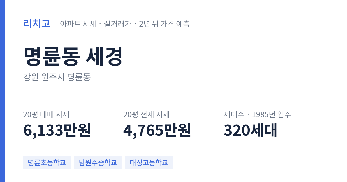 세경 아파트 요약 카드 — 대표 평형 매매·전세 시세, 세대수, 입주 연도