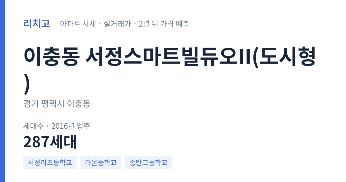 서정스마트빌듀오II(도시형) 아파트 요약 카드 — 대표 평형 매매·전세 시세, 세대수, 입주 연도