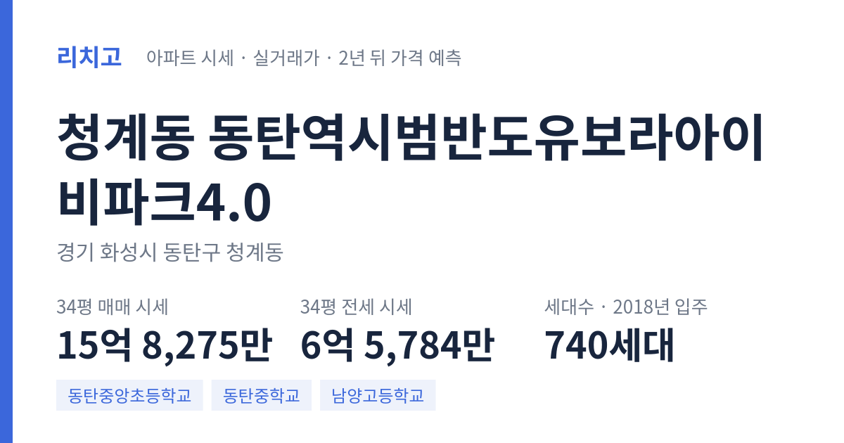 동탄역시범반도유보라아이비파크4.0 아파트 요약 카드 — 대표 평형 매매·전세 시세, 세대수, 입주 연도