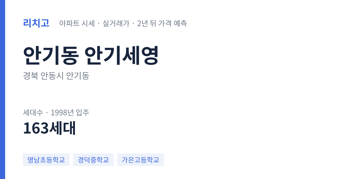 안기세영 아파트 요약 카드 — 대표 평형 매매·전세 시세, 세대수, 입주 연도