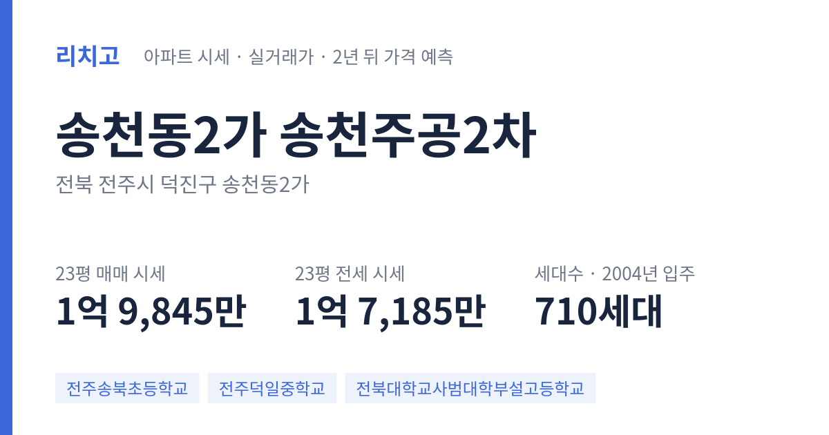 송천주공2차 아파트 요약 카드 — 대표 평형 매매·전세 시세, 세대수, 입주 연도