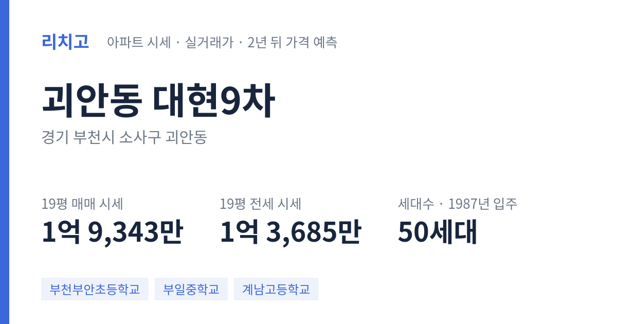 대현9차 아파트 요약 카드 — 대표 평형 매매·전세 시세, 세대수, 입주 연도