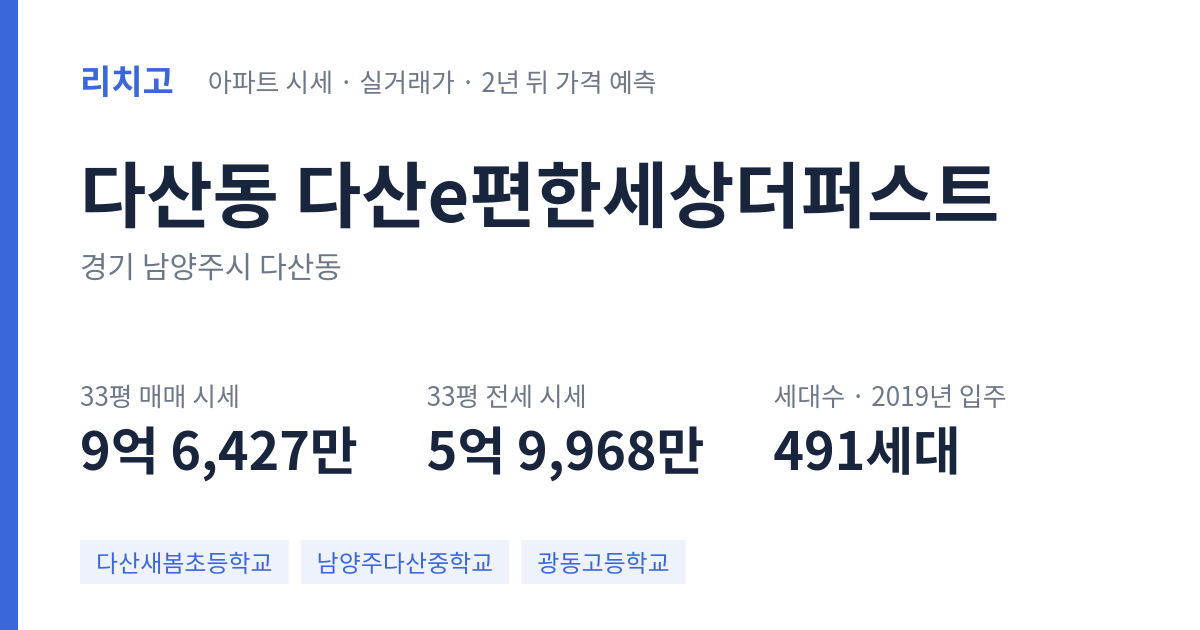다산e편한세상더퍼스트 아파트 요약 카드 — 대표 평형 매매·전세 시세, 세대수, 입주 연도