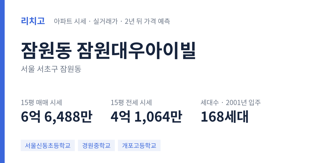 잠원대우아이빌 아파트 요약 카드 — 대표 평형 매매·전세 시세, 세대수, 입주 연도