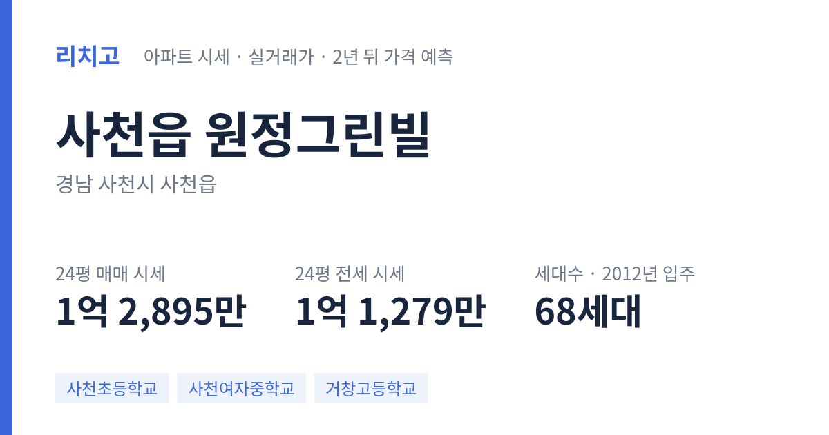 원정그린빌 아파트 요약 카드 — 대표 평형 매매·전세 시세, 세대수, 입주 연도